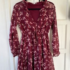 American Eagle Outfitters Burgundy Floral Long Sleeve Dress